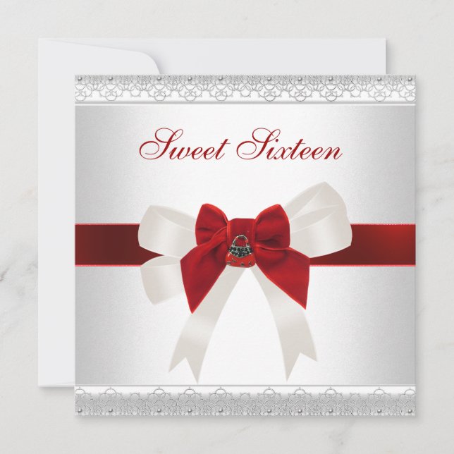 Sweet Sixteen Birthday Invite Red White Cute Bow (Front)