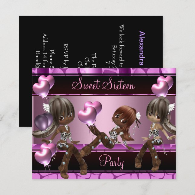 Sweet Sixteen Birthday Party Balloons Pink Girls 3 Invitation (Front/Back)