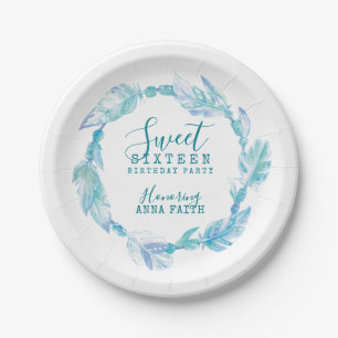 Sweet sixteen birthday party boho art aqua paper plate