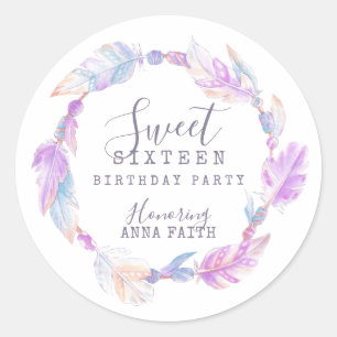Sweet sixteen birthday party boho art purple classic round sticker