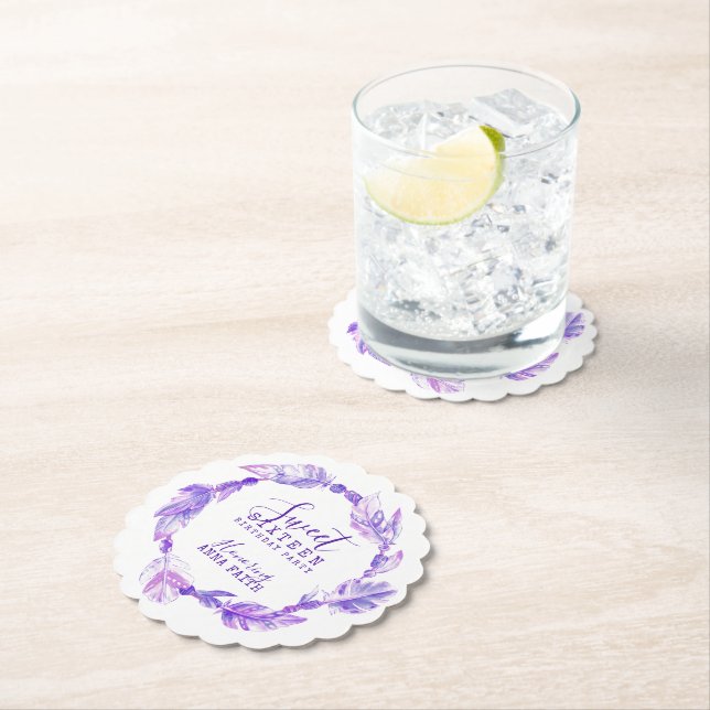 Sweet sixteen birthday party boho art purple paper coaster (Insitu)
