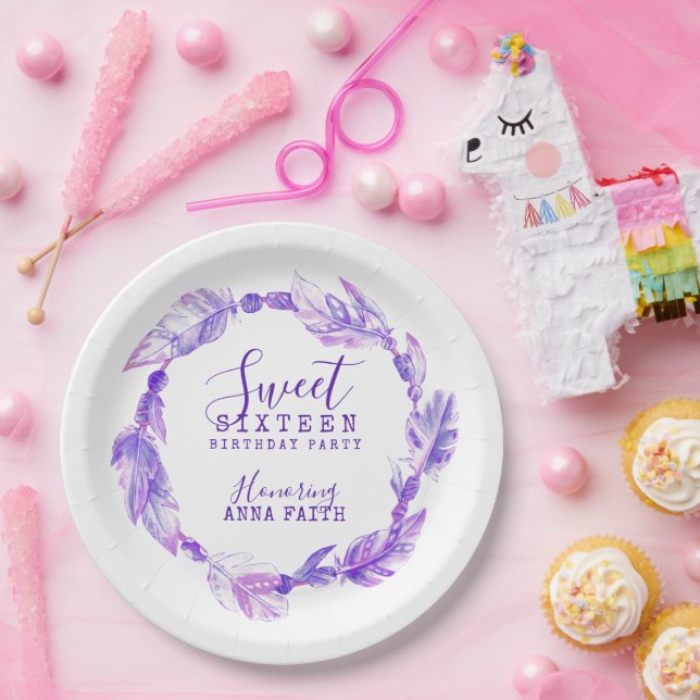 Sweet sixteen birthday party boho art purple paper plate (Party)