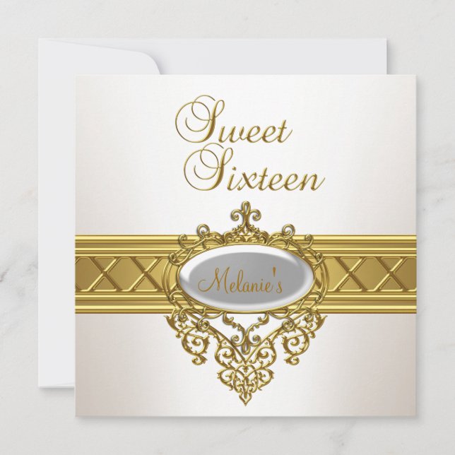 Sweet Sixteen Birthday Party Elegant White Gold Invitation (Front)
