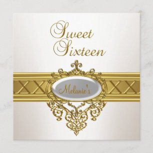 Sweet Sixteen Birthday Party Elegant White Gold Invitation