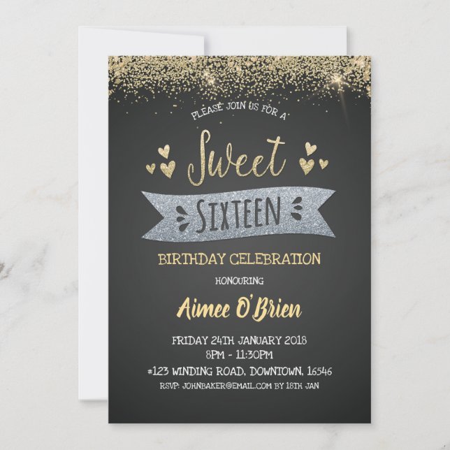 Sweet Sixteen Birthday Party Gold Glitter Invitation (Front)
