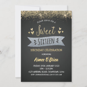 Sweet Sixteen Birthday Party Gold Glitter Invitation