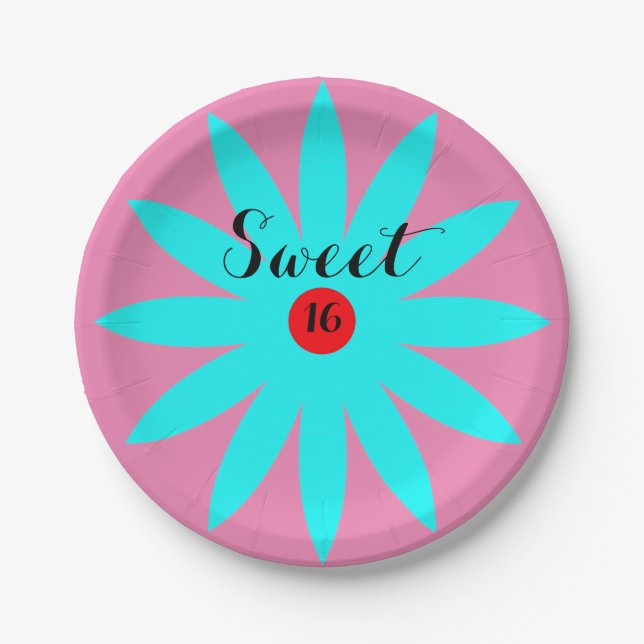 Sweet Sixteen Birthday Party Pink Blue Floral Cool Paper Plate (Front)