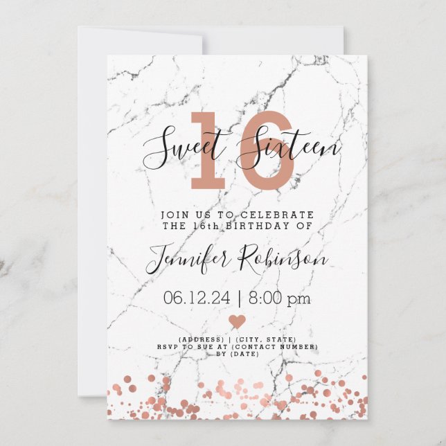 Sweet Sixteen Birthday Party Rose Gold Marble Invitation (Front)