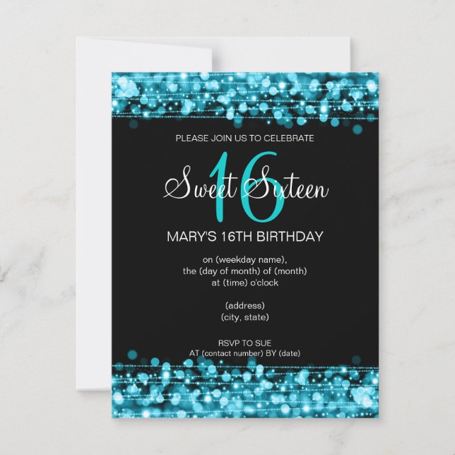 Sweet Sixteen Birthday Party Sparkles Teal Blue Invitation (Front)