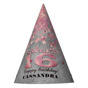 Sweet Sixteen Birthday   Silver and Pink Glitter Party Hat