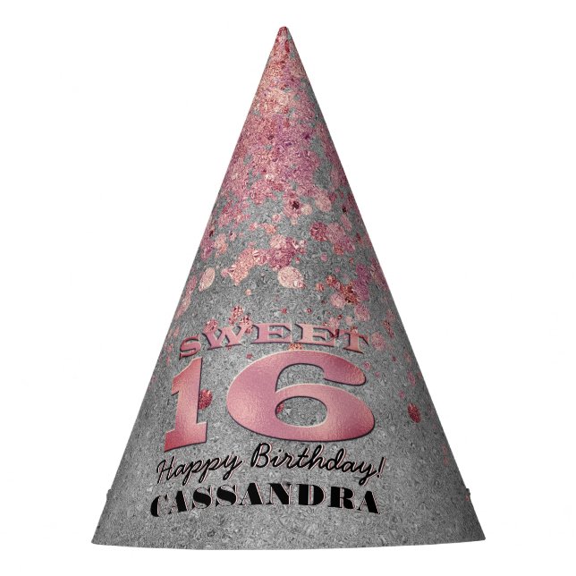 Sweet Sixteen Birthday | Silver and Pink Glitter Party Hat (Front)