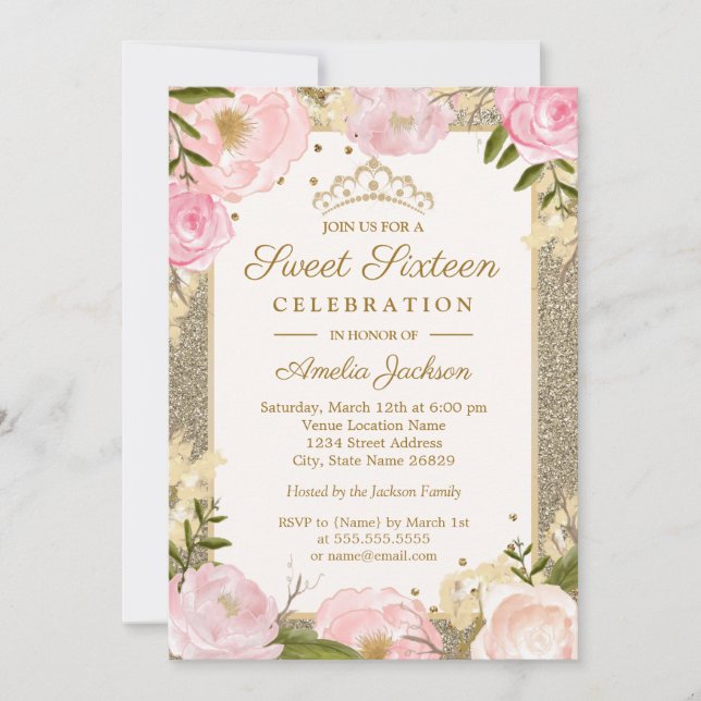 Sweet Sixteen Birthday Sparkle Pink Gold Floral Invitation (Front)