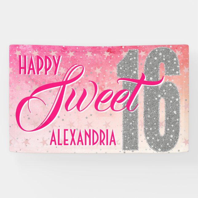 Sweet Sixteen Birthday | Stars Pink Glitter Banner (Horizontal)