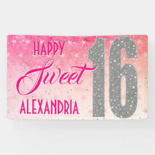Sweet Sixteen Birthday   Stars Pink Glitter Banner