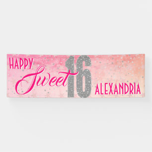 Sweet Sixteen Birthday   Stars Pink Glitter Banner