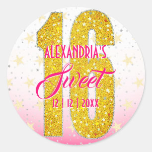 Sweet Sixteen Birthday   Stars Pink Glitter Classic Round Sticker