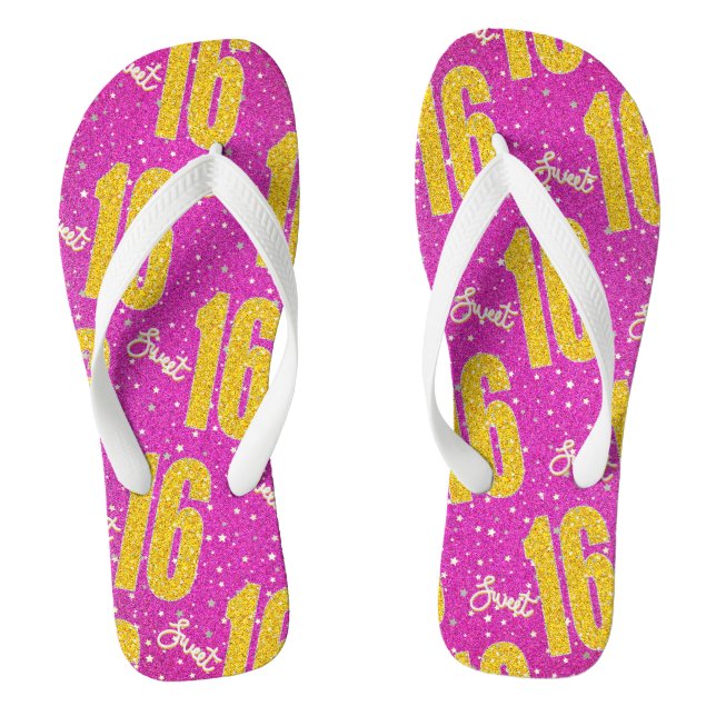 Sweet Sixteen Birthday | Stars Pink Glitter Flip Flops (Footbed)