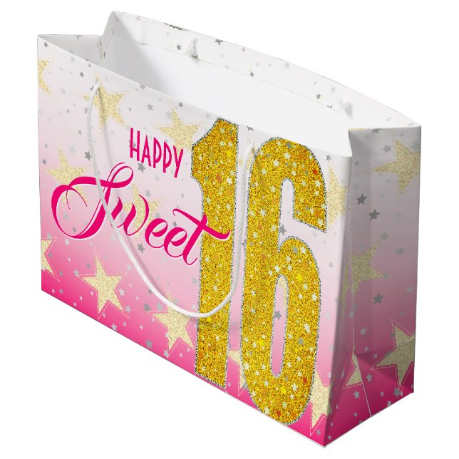 Sweet Sixteen Birthday | Stars Pink Glitter Large Gift Bag (Back Angled)