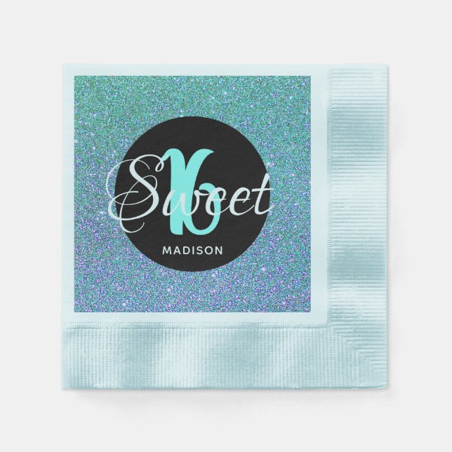 Sweet Sixteen Birthday Teal Aqua Glitter Monogram Napkin (Front)
