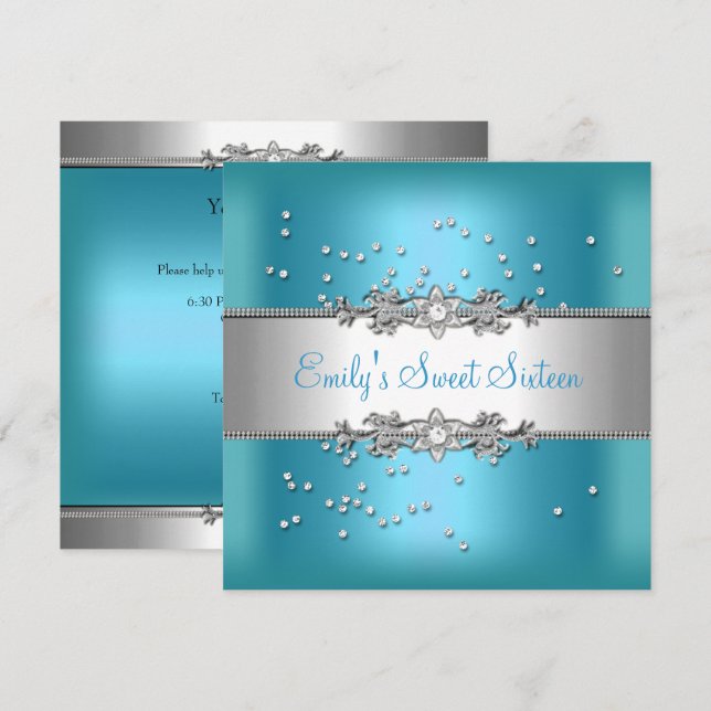 Sweet Sixteen Birthday Teal Blue Silver Diamonds Invitation (Front/Back)