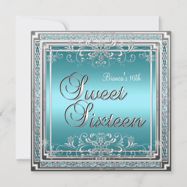 Sweet Sixteen Birthday Teal Blue Silver Teen Girl Invitation (Front)