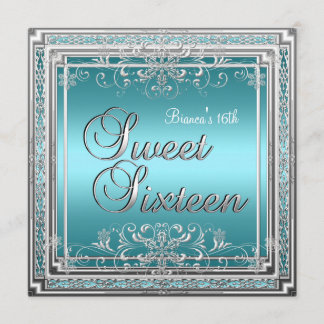 Sweet Sixteen Birthday Teal Blue Silver Teen Girl Invitation