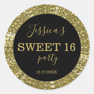 Sweet Sixteen Black And Gold Glitter Classic Round Sticker