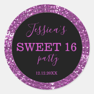Sweet Sixteen Black And Pink Glitter Classic Round Sticker