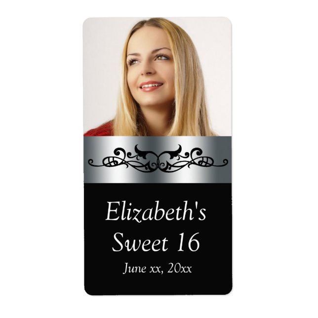 Sweet Sixteen Black and Silver Water Lables (Front)