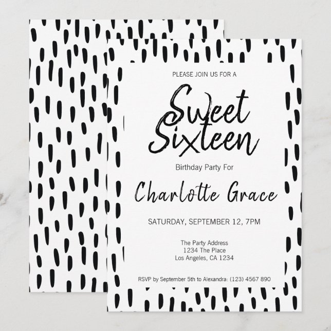 Sweet Sixteen Black And White Birthday Party Invitation (Front/Back)