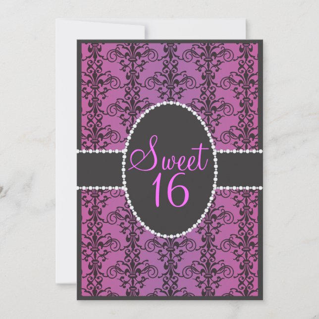 Sweet Sixteen Black Damask Purple Passion Party Invitation (Front)