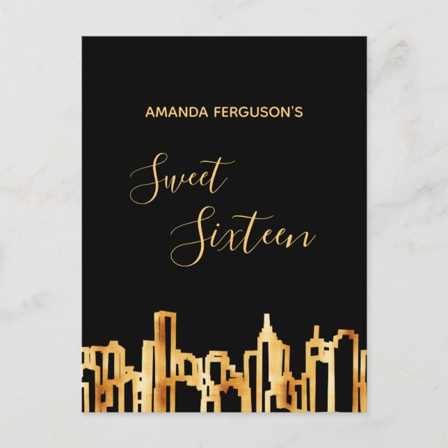 Sweet sixteen black gold city skyline invitation postcard (Front)