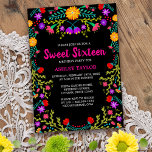 Sweet Sixteen Black Mexican Fiesta Folk Art Floral Invitation<br><div class="desc">Pretty Flowers Sweet 16 Invitation for your daughter's 16th Birthday celebration. This floral theme features colourful folk art flowers in red, pink, purple and yellow on a black background. The back of the card has a floral bouquet made from the same Mexican fiesta flowers. The template is set up ready...</div>