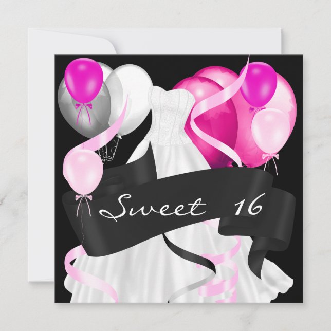 Sweet Sixteen Black Pink White Dress Balloons Invitation (Front)