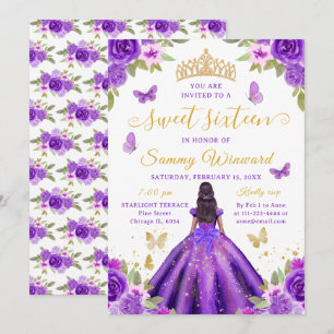 Sweet Sixteen Black Princess Purple Floral Tiara Invitation