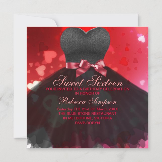 Sweet Sixteen Black & Red Dress/Heart Invitation (Front)