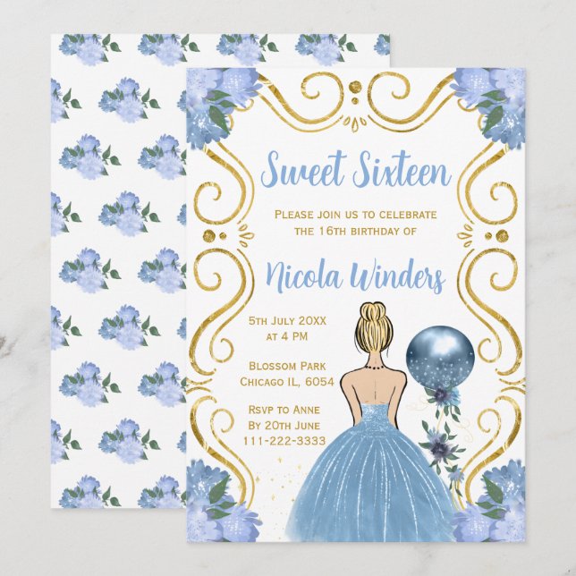 Sweet Sixteen Blonde Princess in Blue Invitation (Front/Back)