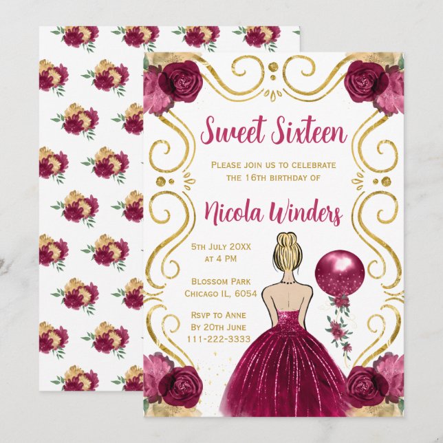 Sweet Sixteen Blonde Princess in Burgundy Invitation (Front/Back)