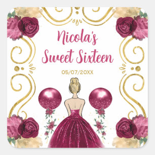 Sweet Sixteen Blonde Princess in Burgundy Red Square Sticker