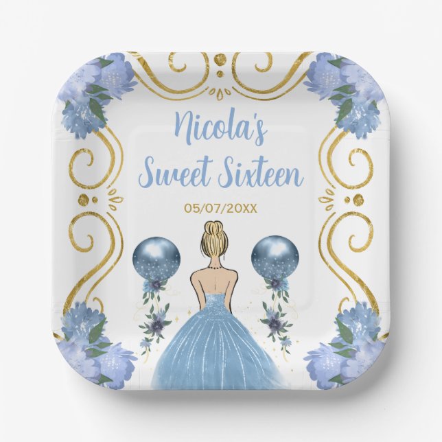 Sweet Sixteen Blonde Princess in Dusty Blue Paper Plate (Front)