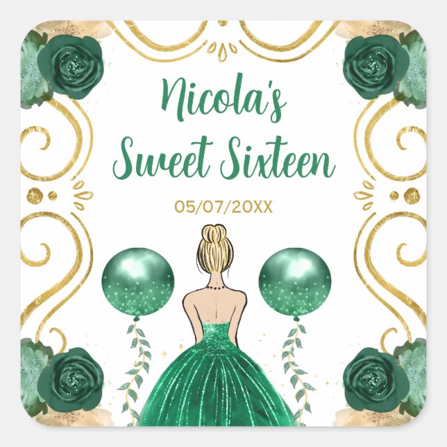 Sweet Sixteen Blonde Princess in Green Square Sticker (Front)