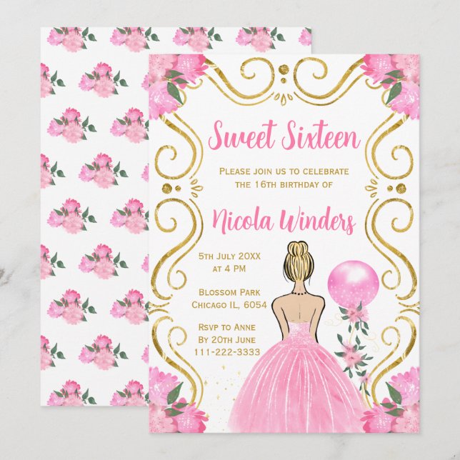 Sweet Sixteen Blonde Princess in Pink Invitation (Front/Back)