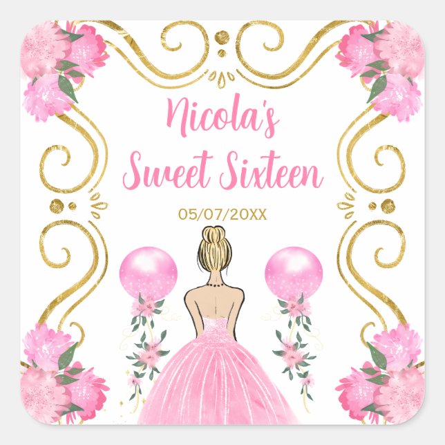 Sweet Sixteen Blonde Princess in Pink Square Sticker (Front)
