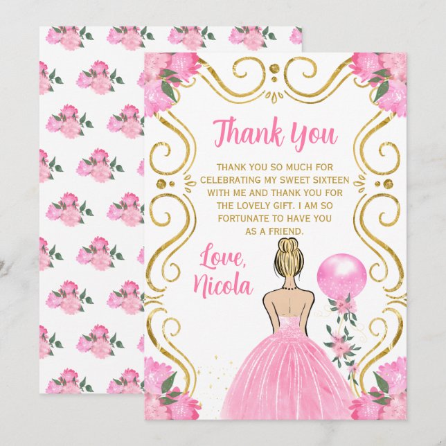 Sweet Sixteen Blonde Princess in Pink Thank You Card (Front/Back)