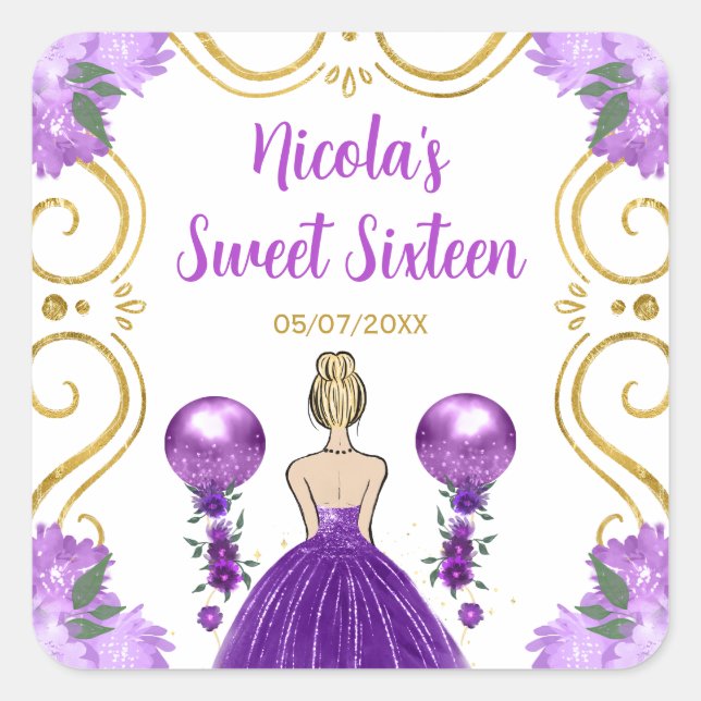 Sweet Sixteen Blonde Princess in Purple Square Sticker (Front)