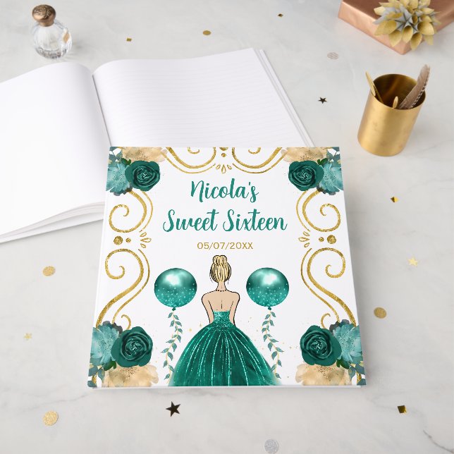 Sweet Sixteen Blonde Princess in Teal Guest Book (Front Open)