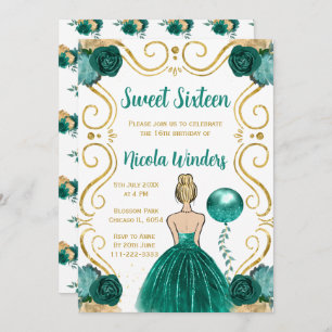 Sweet Sixteen Blonde Princess in Teal Invitation