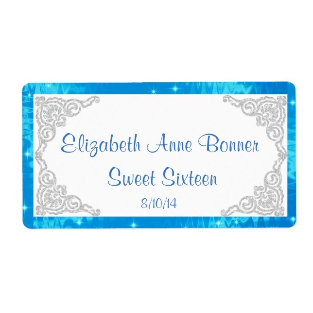 Sweet Sixteen Blue and Silver Water Labels (Front)