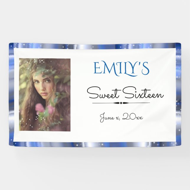 Sweet Sixteen, Blue, Faux Satin, Custom Banner (Horizontal)