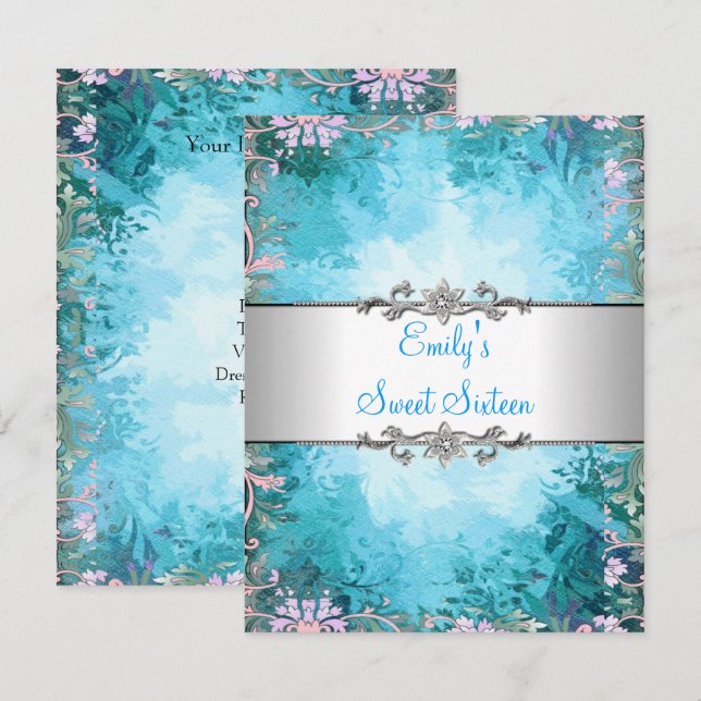Sweet Sixteen Blue Floral with Silver Birthday Invitation (Front/Back)